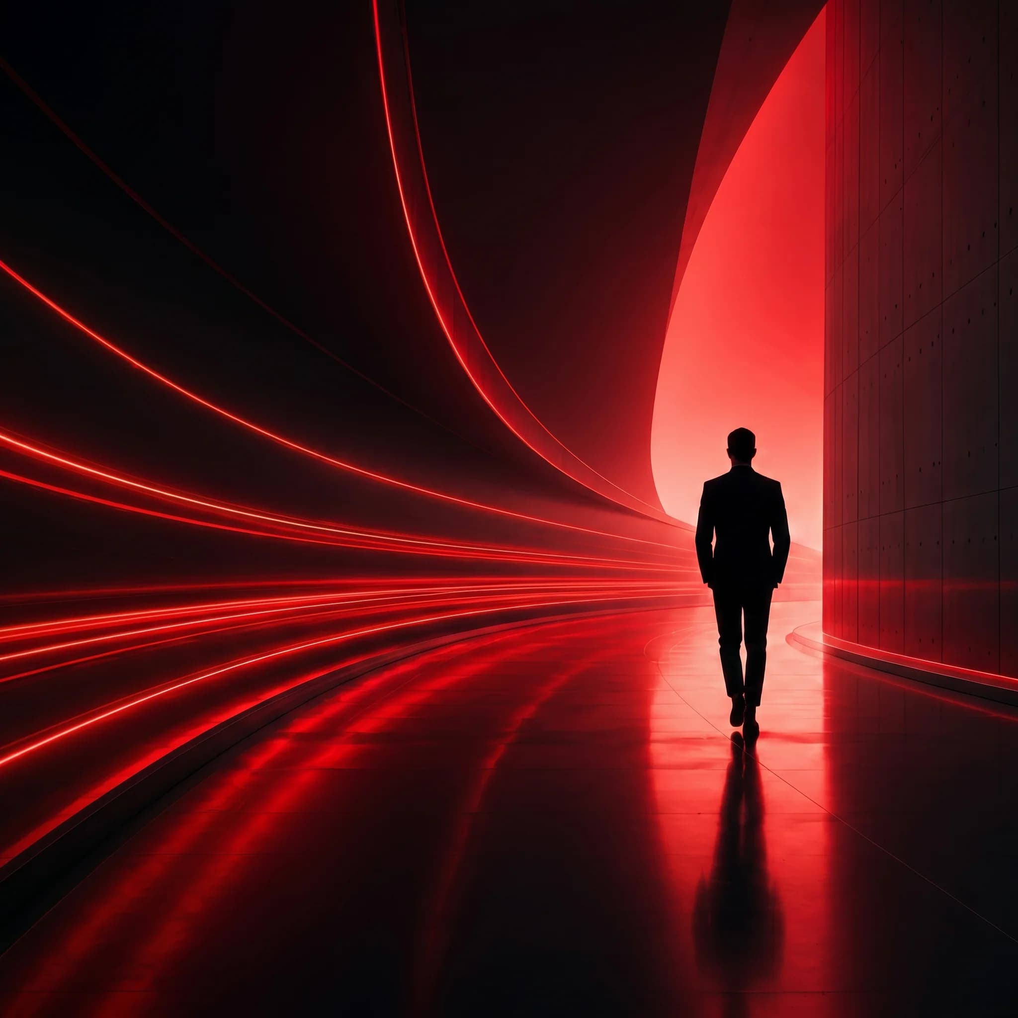 Person walking through a red-lit tunnel